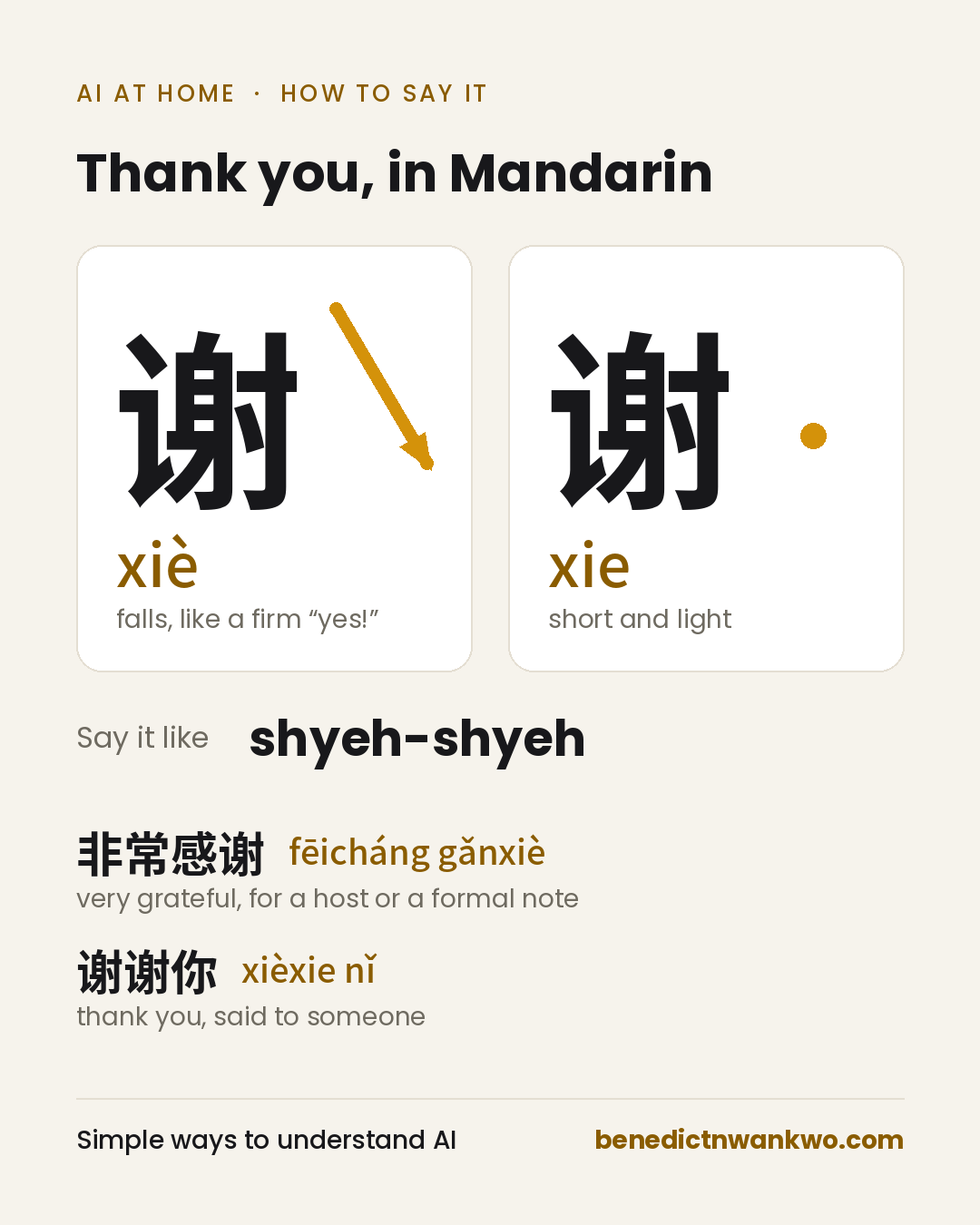 How to say thank you in Mandarin: 谢谢, xièxie. The first syllable falls and the second is short and light. Say it like shyeh-shyeh.
