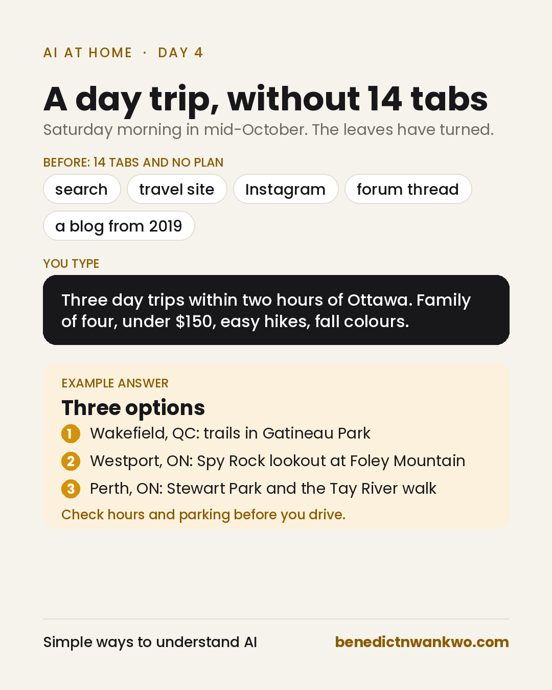 A day trip without 14 tabs. Before: search, a travel site, Instagram, a forum thread and a blog from 2019. You type: three day trips within two hours of Ottawa, family of four, under $150, easy hikes, fall colours. Example answer: Wakefield, Westport and Perth. Check hours and parking before you drive.