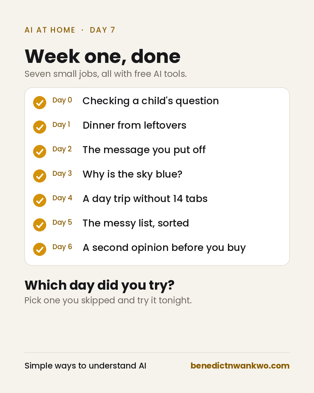 Week one, done. A checklist of the first seven AI at Home days, all marked complete: Day 0, checking a child's question; Day 1, dinner from leftovers; Day 2, the message you put off; Day 3, why is the sky blue; Day 4, a day trip without 14 tabs; Day 5, the messy list sorted; Day 6, a second opinion before you buy. Below it: which day did you try? Pick one you skipped and try it tonight.